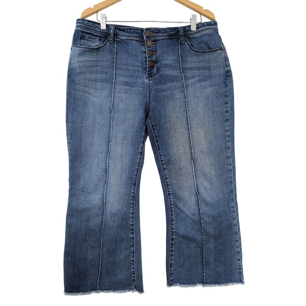 ModCloth Jeans Womens XL Blue Wide Leg Flare Crop Raw Hem Button Fly Boho Beachy